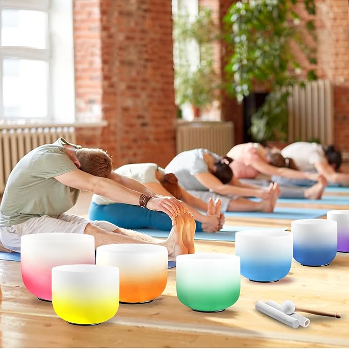 Ryan Dvan 432Hz 7"-12" Set of 7 Crystal Singing Bowl Set – Gradient Color Quartz Bowls for Chakra Healing, Meditation, Sound Bath & Yoga.Sound Therapy Tools with Suede Mallets & O-Rings. - Bloomnest