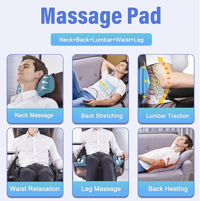 Back Massager with Heat & Traction & Vibration, Seat Massager Pad for Pain Relief Deep Tissue, Lumbar Traction, PU Leather, Foldable, for 5’ to 6’1”, Massage Chair Pad for Office Home - Bloomnest