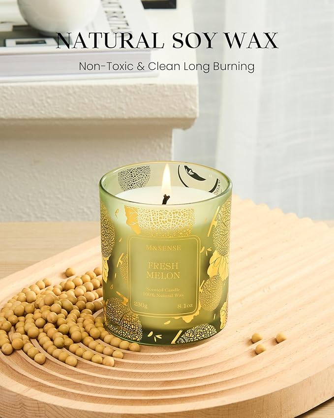 M&SENSE Naturally Scented Vegan Soy Candles, Fresh Melon Scented Candles, 8.1oz Long Burning 42-Hour Burn Time,Home Fragrance for Air Purifying, Relaxing, Gift Ideas for Moms & Dads - Bloomnest