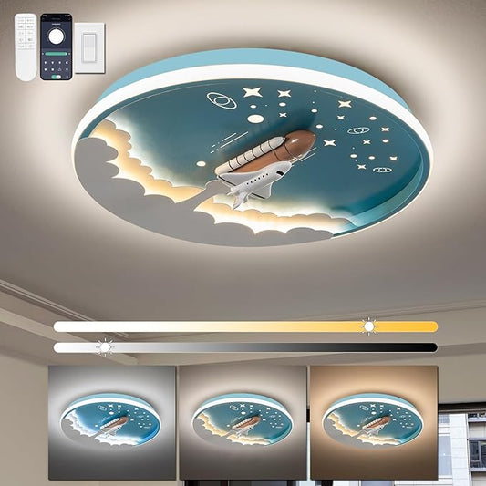 Modern Ceiling Light Fixtures Dimmable LED Kids Room Ceiling Lamp 20" Kitchen Ceiling Light with Remote Control 3000k-6000k Blue Cartoon Rocket Semi Flush Mount Ceiling Lights for Bedroom - Bloomnest