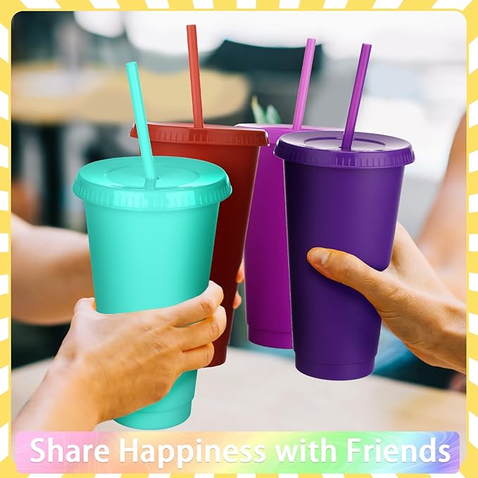Honeydak 15 Pack Tumbler with Straw and Lid Bulk Water Bottle Iced Coffee Travel Mug Cup Reusable Plastic Cups for Party Birthdays 24-27 oz (Solid Color) - Bloomnest