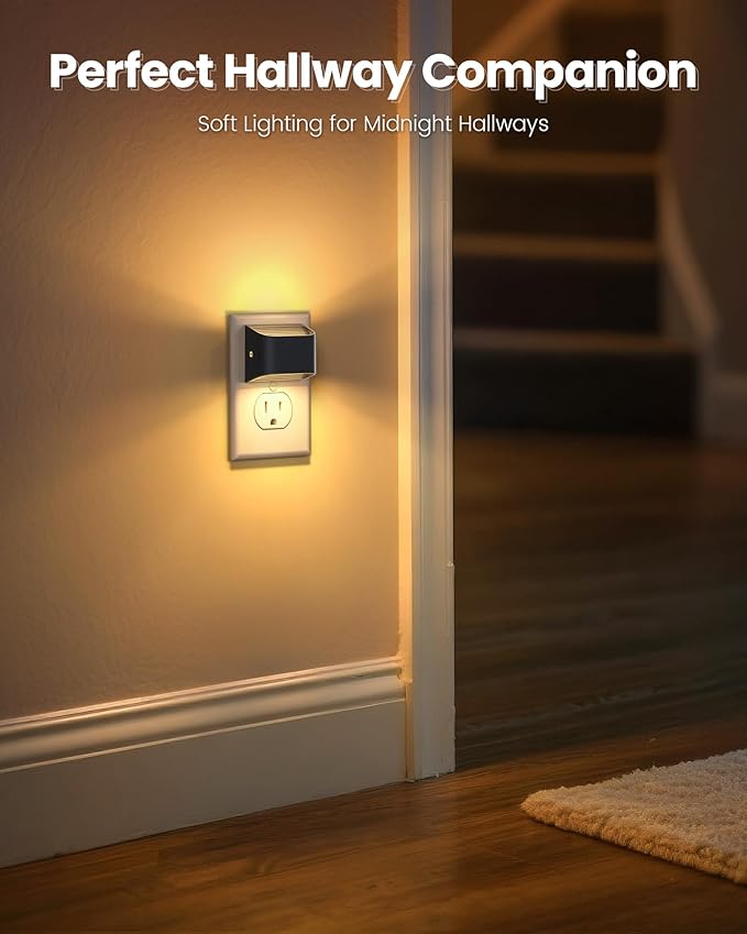NIORSUN Night Lights Plug Into Wall, Auto Brightness Sensor Night Light, 3000K Warm White, Ultra-Slim Wall Light for Hallway Bathroom Bedroom Stairs, Black, 4 Pack - Bloomnest