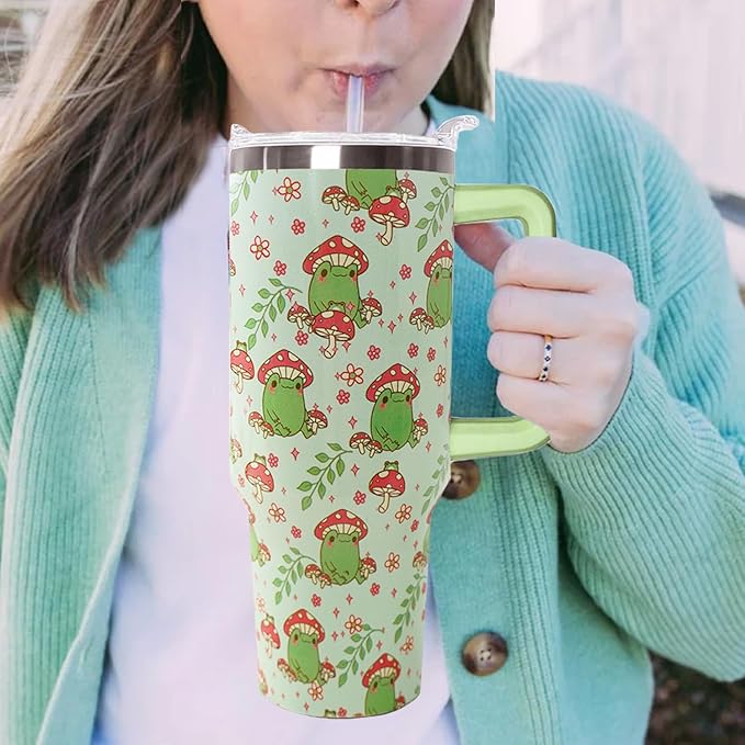 Ceovfoi 40 Oz Frog Tumbler With Handle, Green Coffee Travel Mug Cup and Water Bottle, Decor and Gifts for Women - Bloomnest