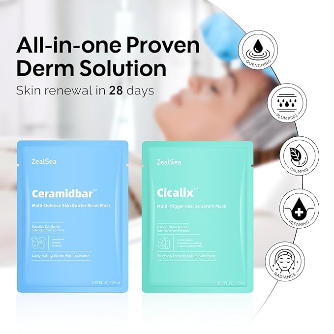 ZealSea Cicalix & Ceramidbar Face Masks Skincare, All-in-one Proven Derm Solution Facial Mask for Visibly Soft | Plump | Quenching | Anti-aging, Soothing & Refreshing, Strengthen & Restore, 4+4 Duo - Bloomnest