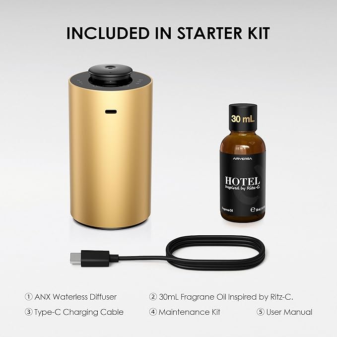 Waterless Essential Oil Diffuser Starter Kit with 30mL Hotel Scent Fragrance Oil Inspired by Ritz-C., Battery Operated Premium Portable Mini Scent Air Machine for Home Car Office, Gold ANX - Bloomnest