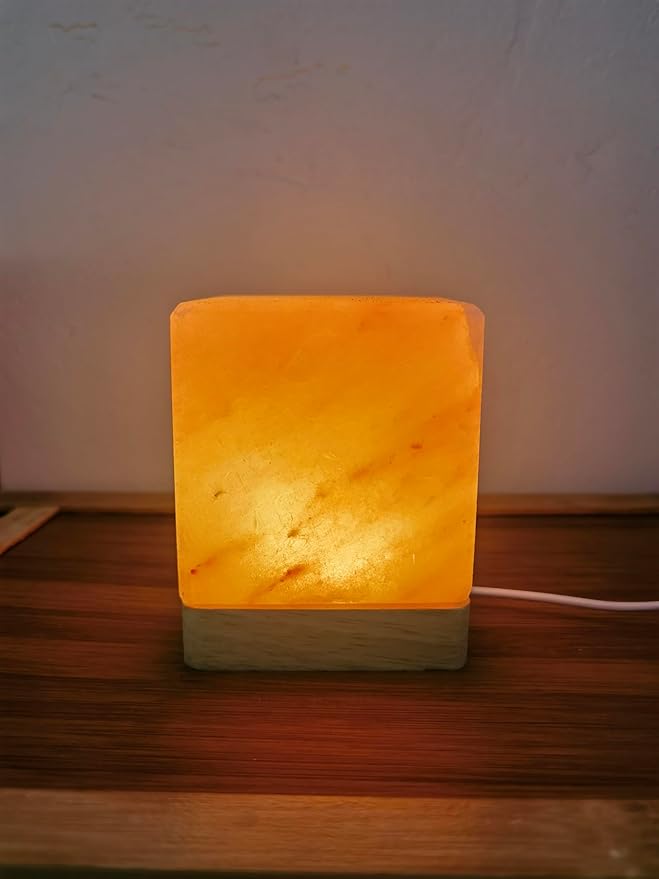 USB Colour Gradient Himalayan Salt lamp, Solid Wood Base Atmosphere Decoration Square Salt lamp with Remote Control, Natural Crystal Stone Bedside Night Light, Handmade Crafts.