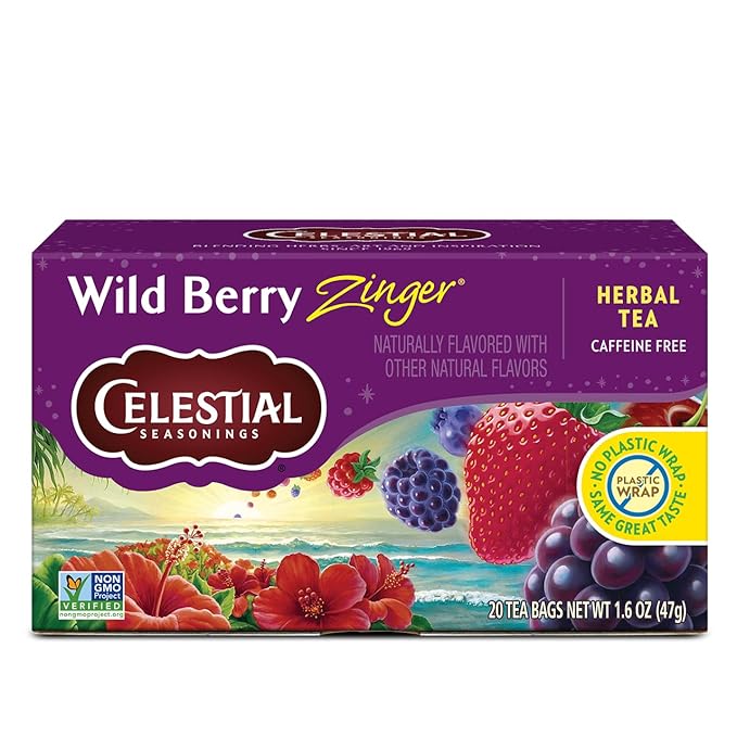 Celestial Seasonings Wild Berry Zinger Herbal Tea, Caffeine Free, 20 Tea Bags Box - Bloomnest