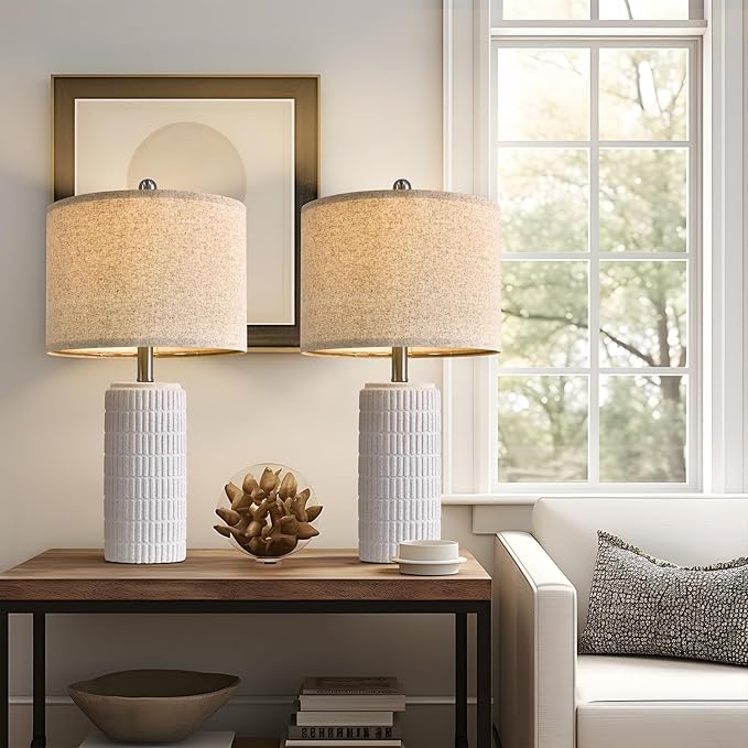 PoKat 23" Table Lamp, Farmhouse Bedside Lamps for Bedroom Set of 2, Ceramic End Table Lamps for Living Room, Traditional Nightstand Desk Lamps, Frosted White Lamps, Medium - Bloomnest