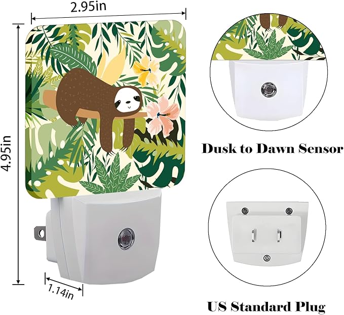 Cute Sloth in Jungle Night Light,Plug-in Night Lights with Dusk to Dawn Sensor for Stairway,Hallway,Bedroom Sleep Friendly Ideal for Women/Girls/Boys Gift,0.5w - Bloomnest