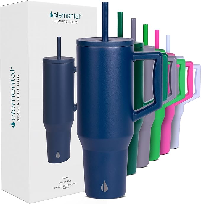 Elemental 40 oz Tumbler with Handle and Straw - Spill Proof Insulated Stainless Steel Commuter for Hot and Cold Beverages - Travel Coffee Mug with 2 Straws & Spill Proof Lid - 40oz - Navy Blue - Bloomnest