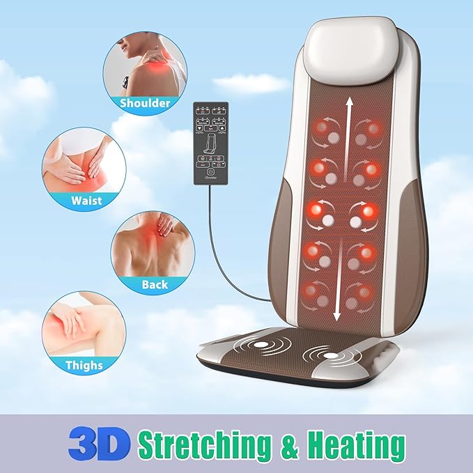 Shiatsu Back Massager with Heat, Massage Chair Pad Seat Cushion for Stress Relief, Deep Tissue Kneading & Roller, 2 Vibration Motors, Back Waist Hip Massager, PU Leather, with 2 Adapters - Bloomnest