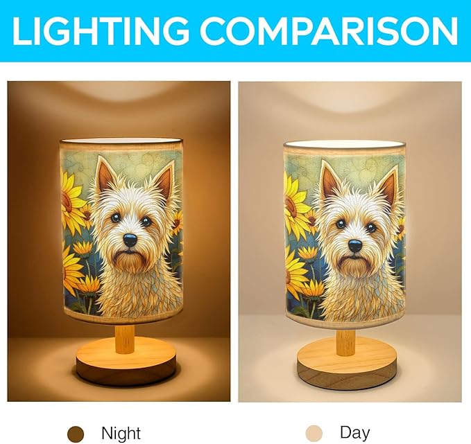 Silky Terrier Table Lamp LED 3-Color Pressed Bedside, Dog Shade Lamp with Wood Base for Bedroom Living Room Desk Office - Bloomnest