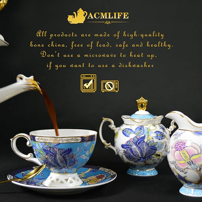 ACMLIFE Tea Sets for Adults for 6 - Tea Pot Sets with Cups Blue, Tea Sets for Women Tea Party, Fine Bone China 24K Gold, Vintage British English Porcelain Afternoon Service Sets for Luxury Gift - Bloomnest