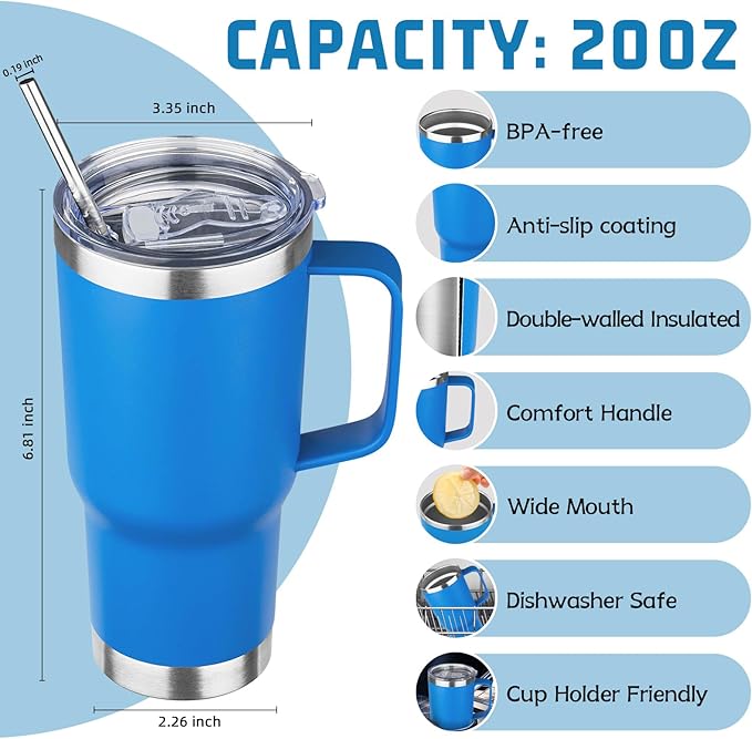 20 oz Tumbler with Handle Stainless Steel Insulated Coffee Mug Tumbler with Lid and Straw Double Wall Vacuum Insulated Coffee Mug Leak Proof Travel Mug Tumbler for Hot and Cold Drink (Mix Color-5) - Bloomnest