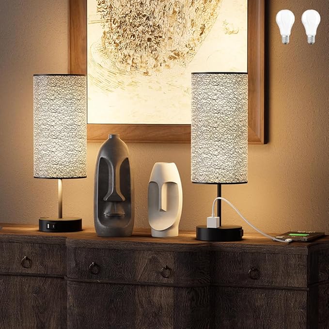 Table Lamp for Bedroom with Touch Control,Bedside Lamp with USB C+A Charging Ports& AC Outlets, Adjustable 3color LED Light for Home Decor/Nightstand/Bedroom/Office,Included Bulb and Fabric Lamp Shade - Bloomnest