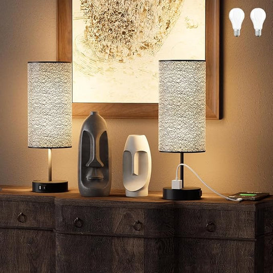 Table Lamp for Bedroom with Touch Control,Bedside Lamp with USB C+A Charging Ports& AC Outlets, Adjustable 3color LED Light for Home Decor/Nightstand/Bedroom/Office,Included Bulb and Fabric Lamp Shade - Bloomnest