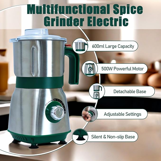 Grinder for Kitchen, Spice Grinder Electric Dry Comes With 3 Removable Stainless Steel Blades, 500w Suitable For Grinding Spices, Herbs, Coffee Beans, Grains, Nuts (Green) - Bloomnest