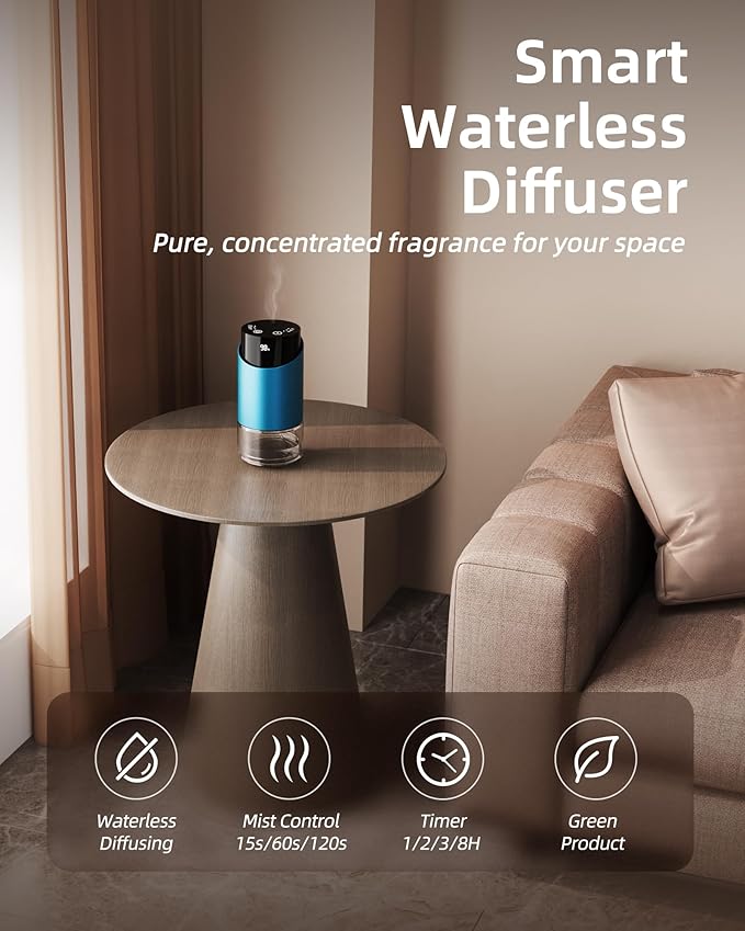 Waterless Essential Oil Diffuser Aromatherapy Scent Diffusers for Home Large Room, Bedroom, Car, Office, Battery Operated Mini Portable Air Freshener, 3 Countdown Timers & 3 Mist Levels - Bloomnest