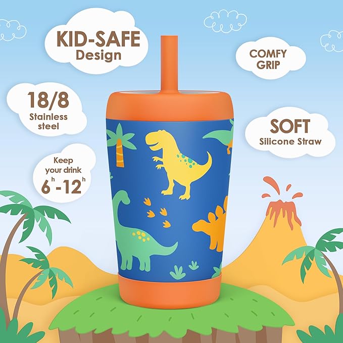 Kid Insulated Stainless Steel Tumbler with Silicone Straw, 12oz Sippy Cup for Kids (Dinosaurs) - Bloomnest
