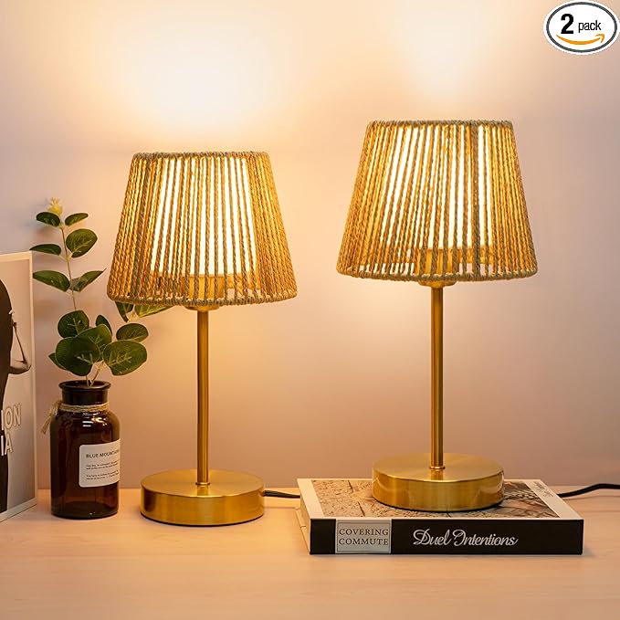 ONEWISH Touch Bedside Table Lamps Set of 2, 14.2" Boho Lamp 3 Way Dimmable, Rope lamp for Bedroom Nightstand Farmhouse, LED Bulb Included(Gold) - Bloomnest
