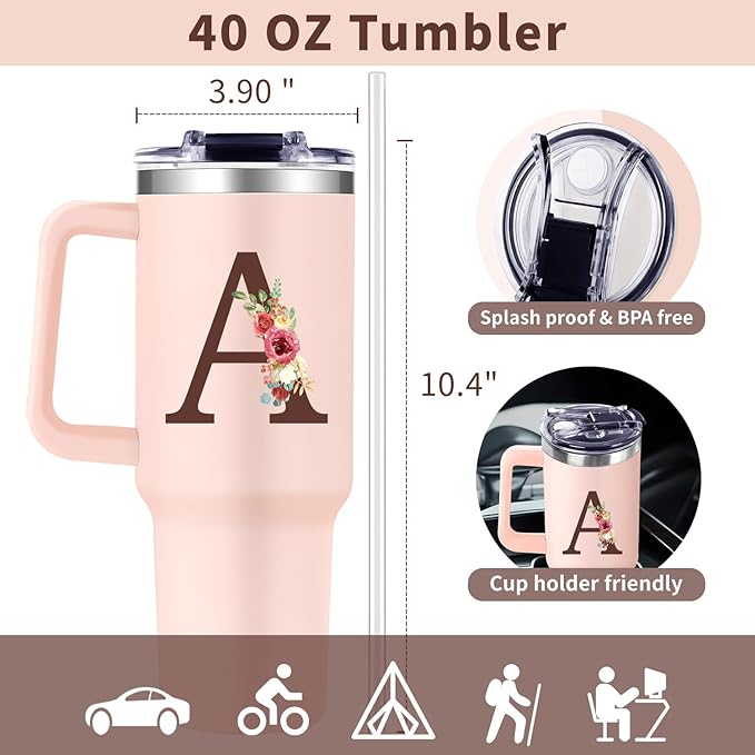 Monogrammed 40oz Tumbler With Handle for Women, Personalized Birthday Gift, Initial Cups Floral Letter A, Customized Lady Gift for Mother's Day Christmas - Bloomnest