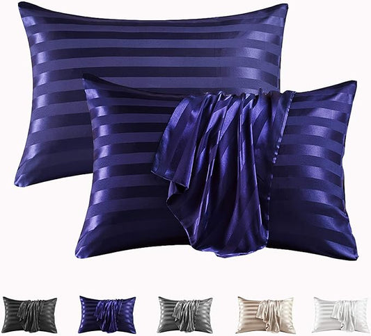 MR&HM Satin Pillowcase for Hair and Skin, Silk Satin Pillowcase 2 Pack, King Size Pillow Cases Set of 2, Silky Pillow Cover with Envelope Closure (20x40, Navy Blue Striped) - Bloomnest