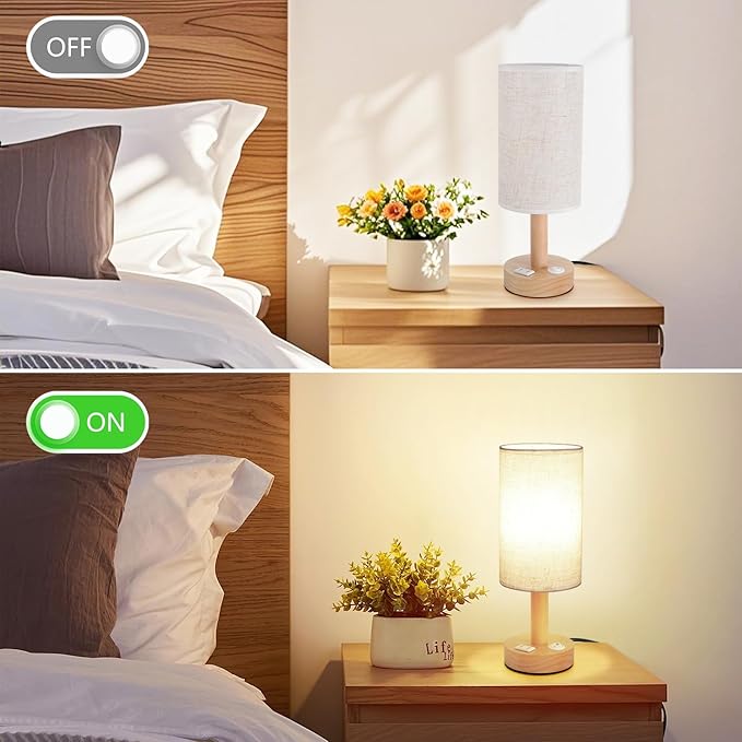Small Bedside Table Lamp with AC Outlet, Natural Wood Base & Linen Shade, Mini Cute Cozy Warm White Nightstand Boho Lamp, Study Desk Night Stand Light for Bedroom, Kitchen, Nursery, Living Room - Bloomnest