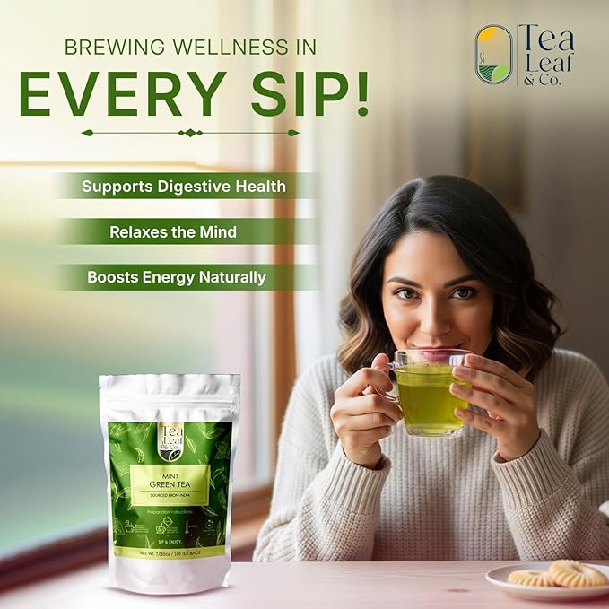 Tealeaf & Co. Mint Green Tea Bags Blended with Fresh Herbs - Spearmint & Peppermint Tea - Contains Low Caffeine - Gluten Free - 100 Teabags (7.055oz/200gm) - Bloomnest