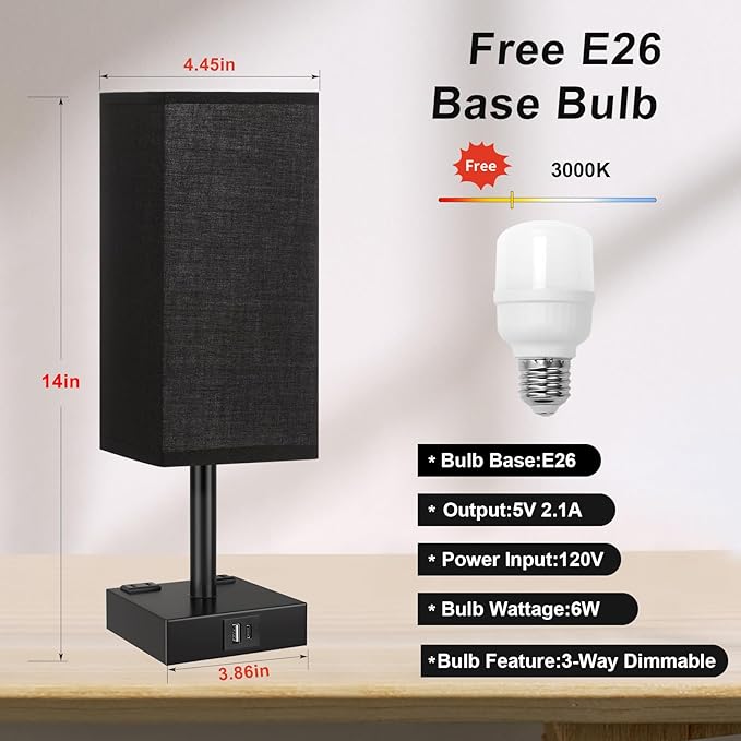 Touch Bedside Table Lamp for Nightstand - 3-Way Dimmable Night Lamp with USB A + Type C Charging Ports and Two AC Outlets, Small Desk Light with E26 LED Bulb for Bedroom Living Room Dorm Office,Black - Bloomnest