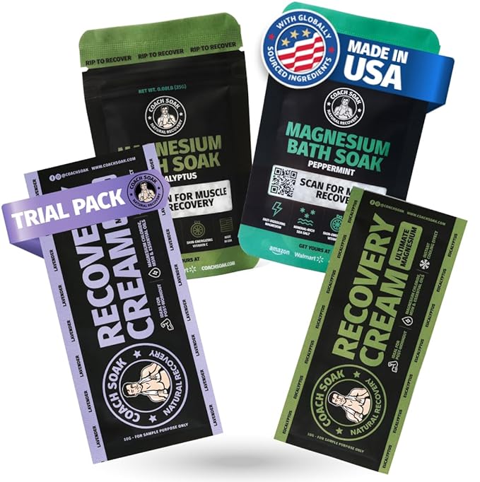 Coach Soak Magnesium Bath Flakes Mint & Lotion Trial Pack - Absorbing Magnesium Cream with Menthol - 0.18 lb (4 Pack) - Mixed Scents - Bloomnest