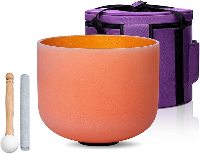 Orange D Note Sacral Chakra 8 inch Quartz Crystal Singing Bowl, for Healing Mindfulness Meditation Yoga Sound Baths, with Case Rubber Mallet