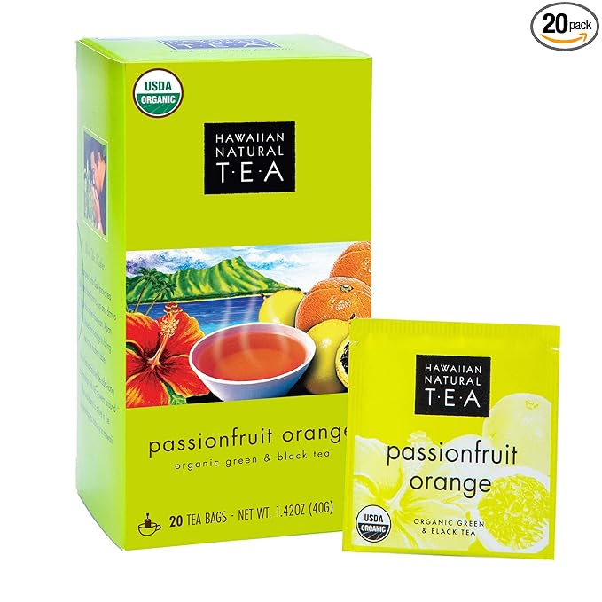 Hawaiian Natural Passion Fruit Orange Flavored Organic Tea - Tropical Fruit Green & Black Tea Blend, Perfect Daily Cup & Gift - 20 Bags - Bloomnest