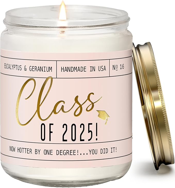 Graduation Gifts for Her "Class of 2025" Soy Candle, w/Eucalypus & Geranium I College Graduation Gifts for Her I 2025 Graduation Gifts I 9oz Reusable Jar, 50Hr Burn, Made in USA - Bloomnest