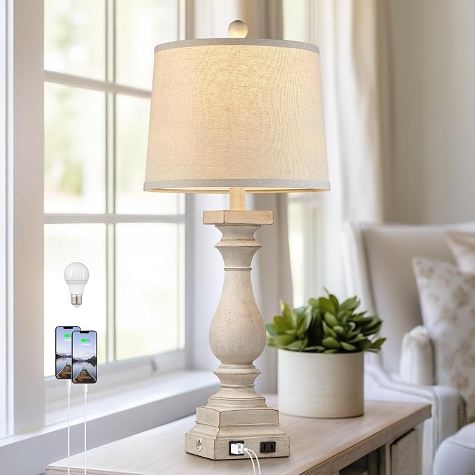 28" Tall Farmhouse Table Lamps with USB C+A Ports and AC Outlet, 3 Way Touch Control Rustic Bedside Lamps for Bedroom, Beige Vintage Nightstand Lamps for Living Room Office - Bloomnest
