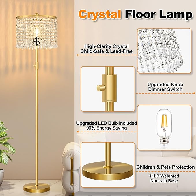 【Upgraded】 Dimmable Floor Lamps for Living Room, 1000LM LED Bulb Included, Standing Lamp with Crystal Lampshade, Tall Gold Pole Light for Bedroom Nursery Office Corner Reading - Bloomnest