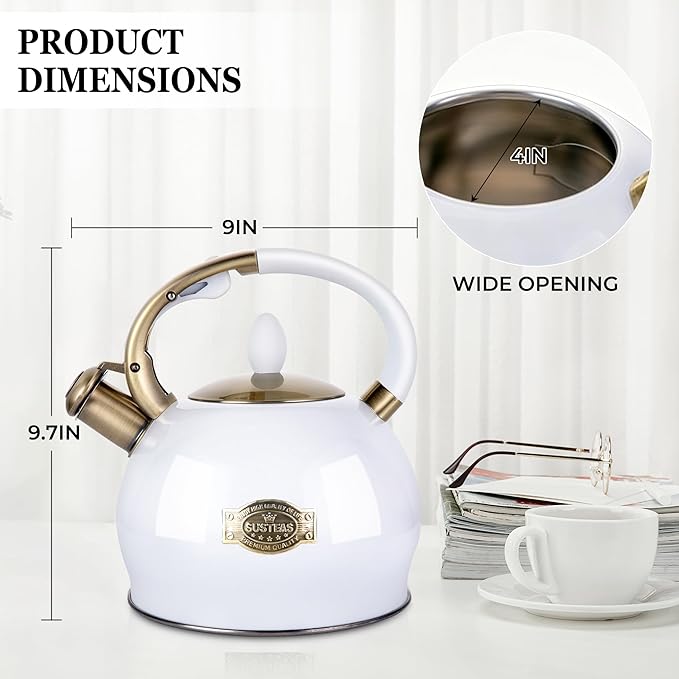 SUSTEAS Stove Top Whistling Tea Kettle - Food Grade Stainless Steel Teakettle Teapot with Cool Touch Ergonomic Handle, With 1 Silicone Pinch Mitt Included, 2.64 Quart(WHITE) - Bloomnest