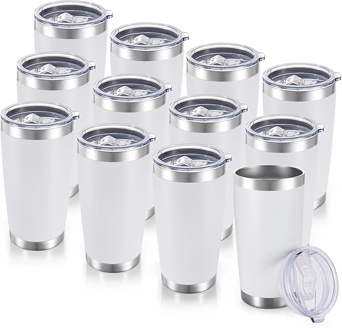20 oz Tumblers Bulk Stainless Steel Tumbler with Lid Double Wall Vacuum Insulated Coffee Mug 20oz Powder Coated Cup for Hot and Cold Drinks, White, 12 pack - Bloomnest