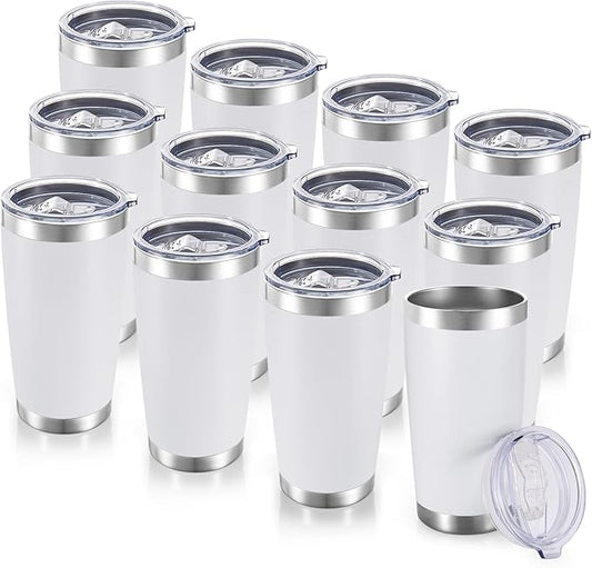 20 oz Tumblers Bulk Stainless Steel Tumbler with Lid Double Wall Vacuum Insulated Coffee Mug 20oz Powder Coated Cup for Hot and Cold Drinks, White, 12 pack - Bloomnest