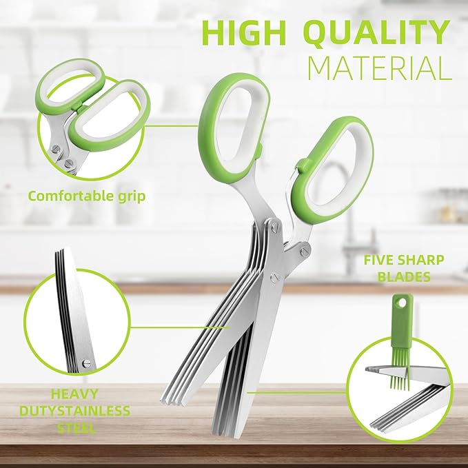 2025 Herb Scissors Set - Classic green 5-Blade Design with Cover and Comb - Skin-Friendly Handle for Comfortable Grip - Dishwasher Safe, Rust-Resistant Stainless Steel for Fresh Herbs - Bloomnest