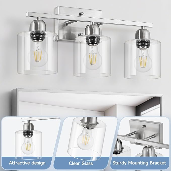 Modern Brushed Nickel 3 Light 19 inch Vanity Lights for Bathroom with Clear Glass, Bathroom Lighting Fixtures Over Mirror for Mirror Kitchen Living Room Hallway Cabinet Porch - Bloomnest