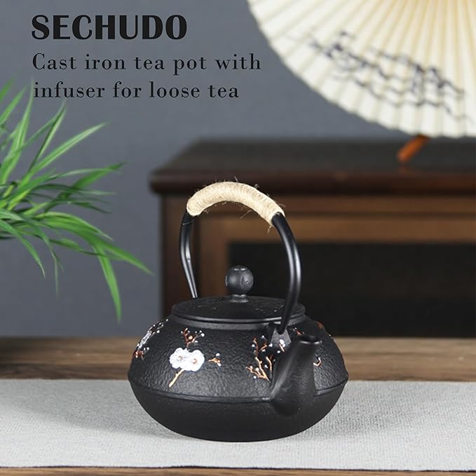 Cast Iron Teapot SECHUDO Teapot for Stovetop Safe Coated with Enameled Interior,Japanese Beautiful Tea Kettle with Stainless Steel Infuser for Loose Tea (30.4oz Plum Blossoms and Bird Pattern) - Bloomnest