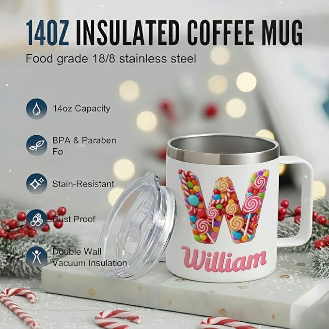 Personalized Kids Mug with Name, 12oz Insulated Tumbler with Handle, Custom Candy Initial Cup, Cute Birthday Christmas Gift for Girls, Boys, Her, Stocking Stuffer (B03) - Bloomnest