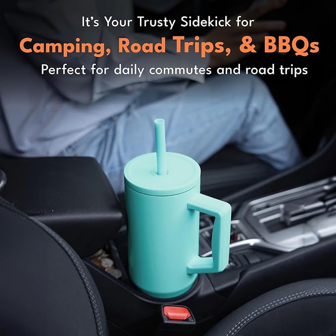 Elemental 40oz Tumbler with Handle and Straw - Spill Proof Insulated Stainless Steel Commuter for Hot & Cold Beverages - Travel Coffee Mug with 2 Straws & Spill Proof Lid - 40 oz - Robin's Egg - Bloomnest