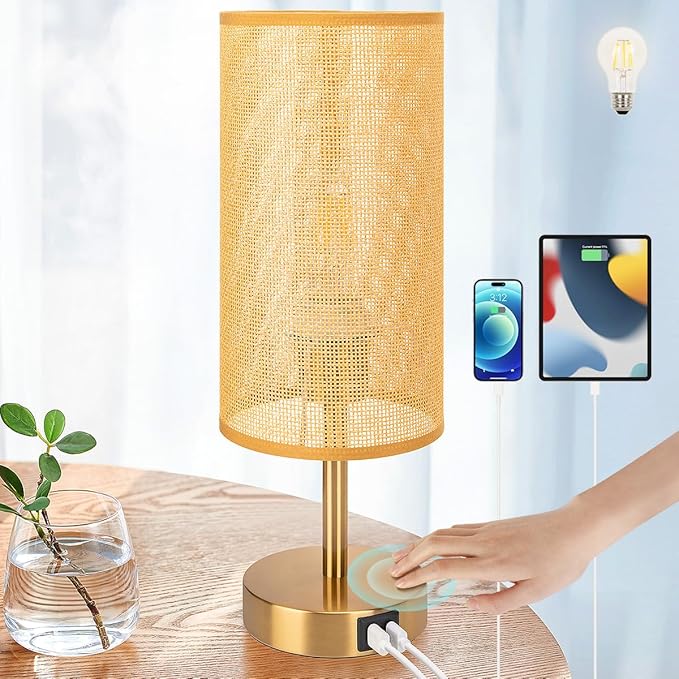 Yarra-Decor Bedside Lamp with USB Port - Touch Control Table Lamp for Bedroom Wood 3 Way Dimmable Nightstand Lamp with Round Flaxen Fabric Shade for Home Office (LED Bulb Included) (Y - NET) - Bloomnest