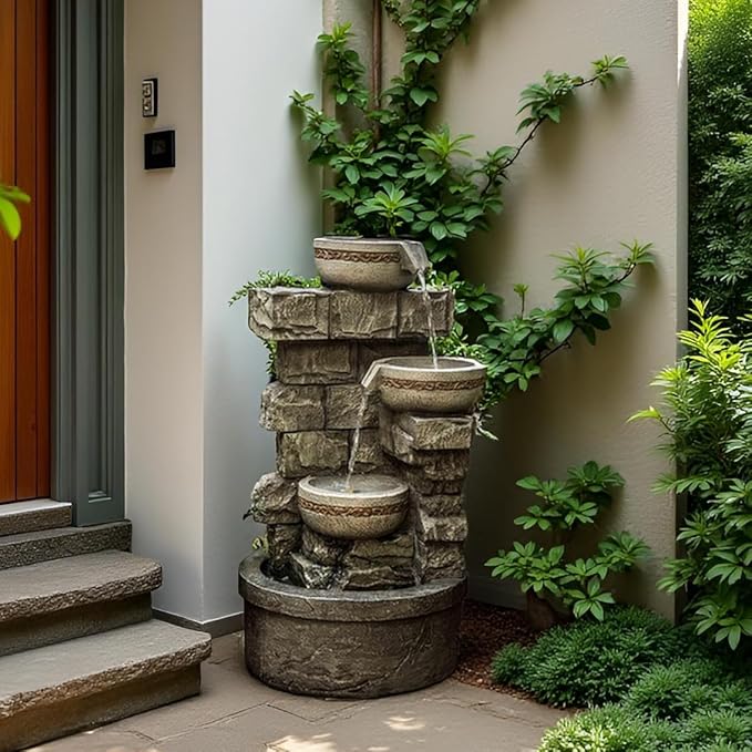 Cheng Pin Water Fountain Outdoor - 28 Inch Tall Cascading Bowls and Stacked Stones Design, Create Relaxing Waterfall Flow Water Feature for Outside Garden, Patio, Backyard - Bloomnest
