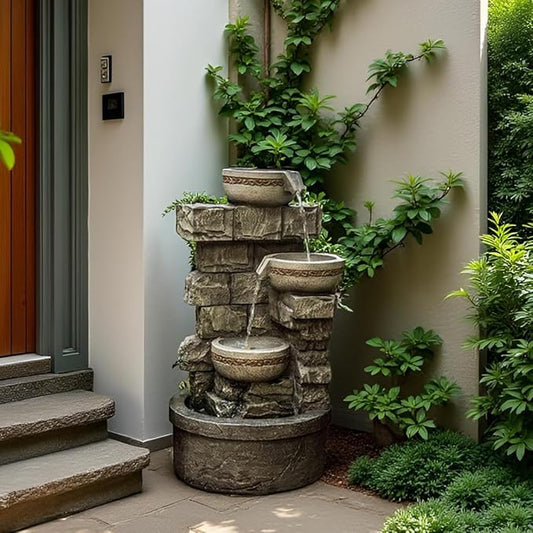 Cheng Pin Water Fountain Outdoor - 28 Inch Tall Cascading Bowls and Stacked Stones Design, Create Relaxing Waterfall Flow Water Feature for Outside Garden, Patio, Backyard - Bloomnest
