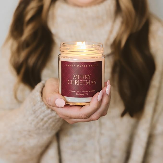 Sweet Water Decor Merry Christmas Scented Candles - Christmas Stocking Stuffers Soy Candles with Cypress & Lemon Scent - Christmas Candles with 40 Hours Burn Time - 9Oz Gold Lid Clear Jar Wax Candles - Bloomnest