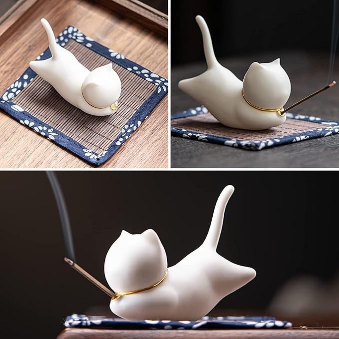 Cat Incense Stick Holder with A Mat and 1 box Incense Stick Cute Ceramic Incense Burner for Stick Incense Ash Catcher for Home,Office,Yoga Meditation Stress Relief Gift for Cat Lovers (White Cute Cat) - Bloomnest