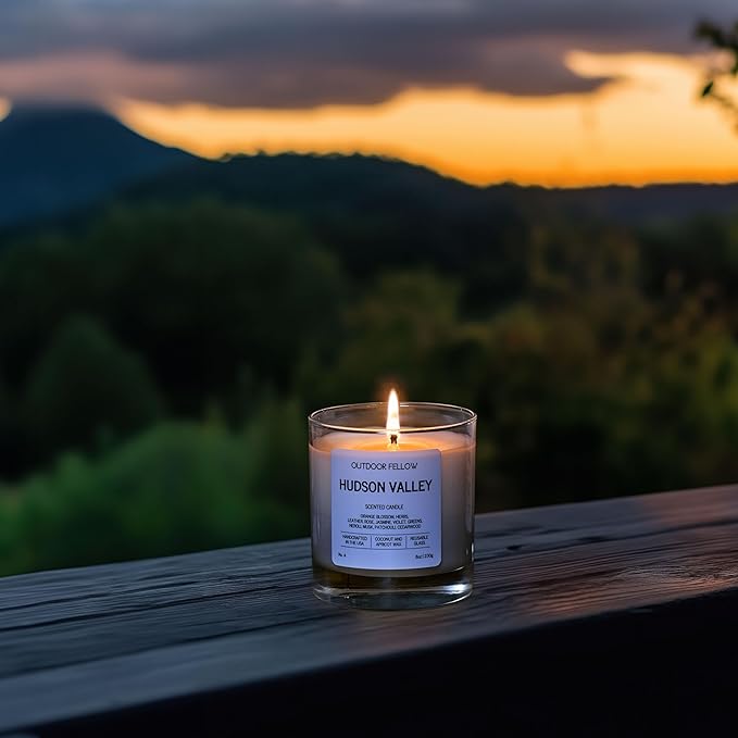 Outdoor Fellow Hudson Valley Scented Candle, 8oz, Coconut & Apricot Wax Blend, Orange Blossom, Jasmine, Patchouli, Reusable Glass, 40-50 Hour Burn Time - Bloomnest