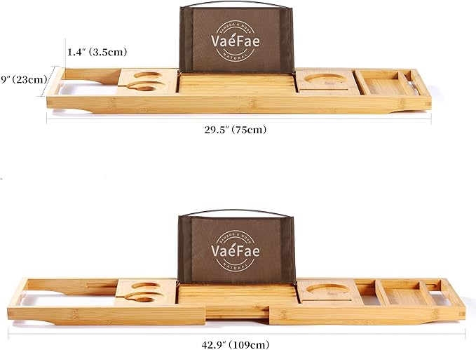 VaeFae Bamboo Bathtub Caddy Tray, Expandable Bath Tray for Tub with Upgraded Wine Slots and Book Holder - Ideal for One or Two Person Use - Bloomnest